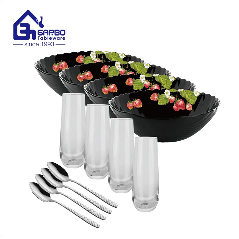 Festival flower decal round opalware dinner set with tumbler and black spoon