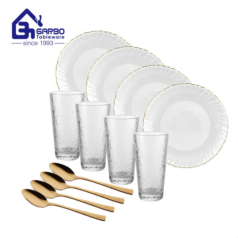 Home table dinner set with white opal bowl glass cups and dinner spoons