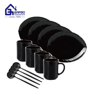 wholesale luxury black opal glass dinner set 16pcs with PVD black spoon for gift