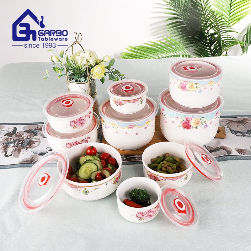 Ceramic food container with lid and silicone hole decal print portable rectangle porcelain lunch box