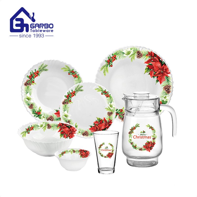 Promotion Chrismas dinnerware set 32pcs OEM opal ware dinner set with glass pitcher