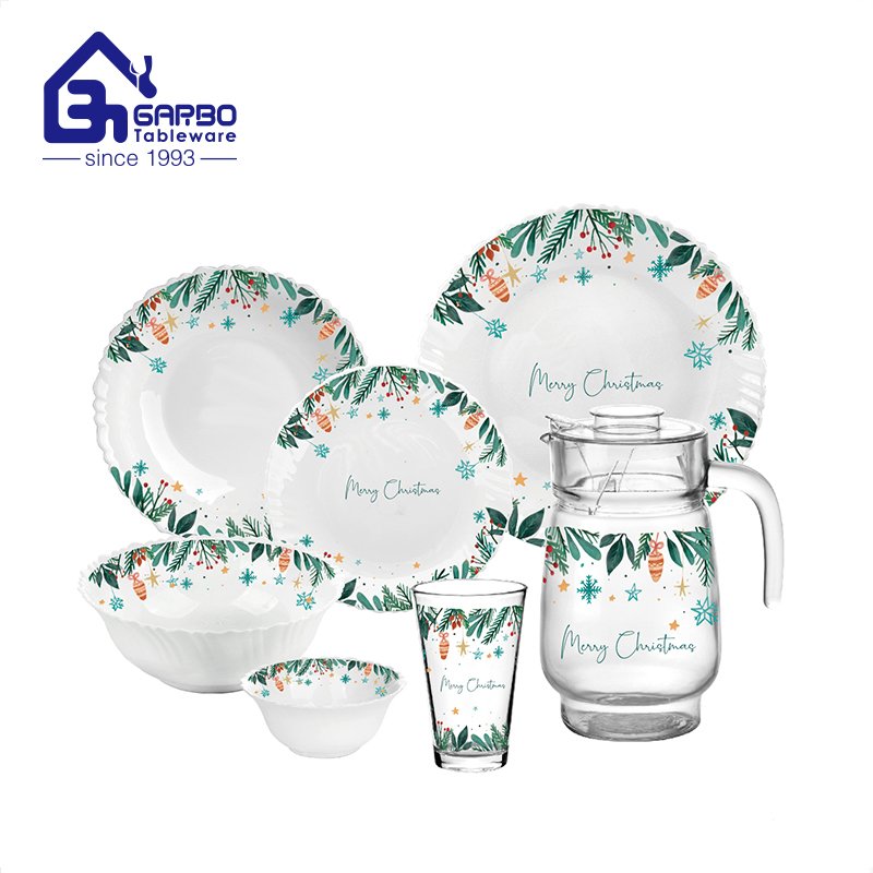 Dishwasher safe white opal dinner set with glass cups and cutlery spoons