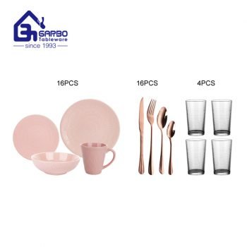 36pcs pink dinner set with glass cups and cutlery set for gathered dinner