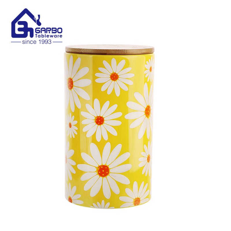 1020ml nice flower printing dolomite porcelain Storage Jar with Bamboo Lid for gift order