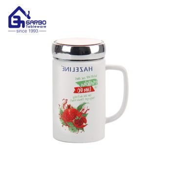 Daily use OEM printing ceramic mugs for tea coffee milk water 17oz porcelain mug with handle and metal cover