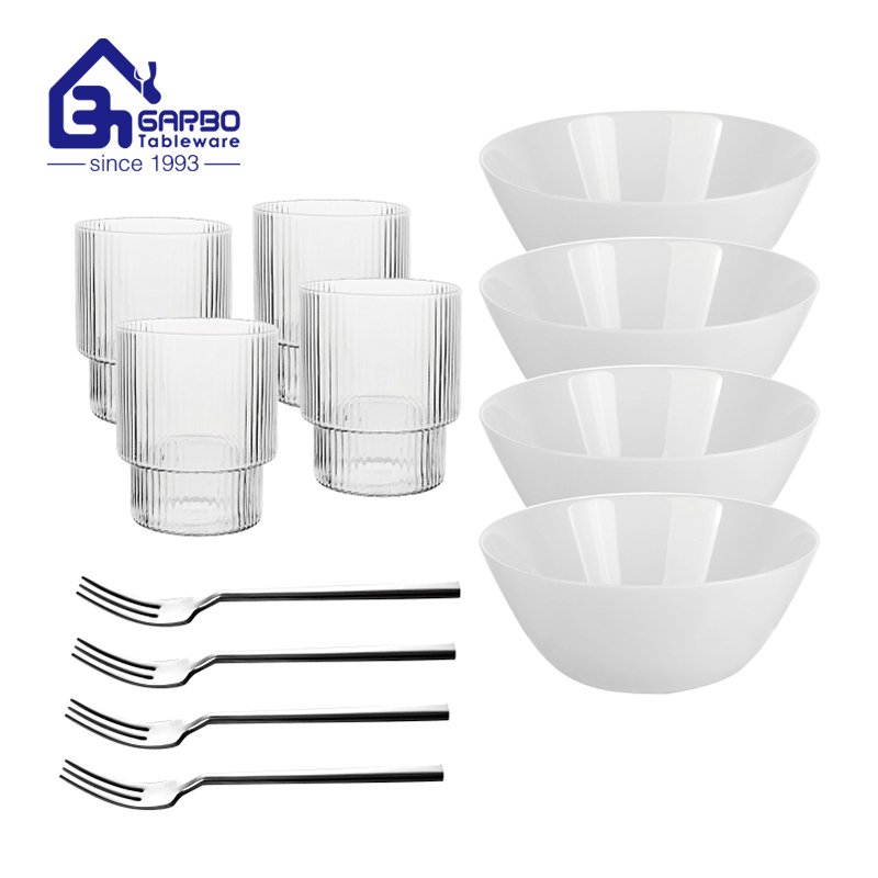 Home tableware square dinner bowl with tumbler and fork set 12pcs