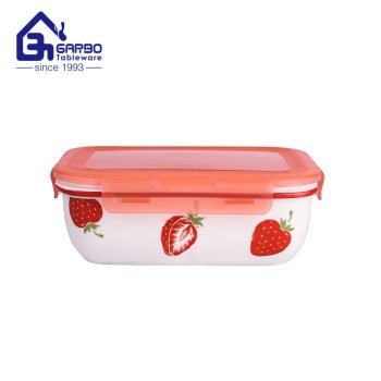 Rectangle-shaped 900ml porcelain food container with strawberry decal for wholesale