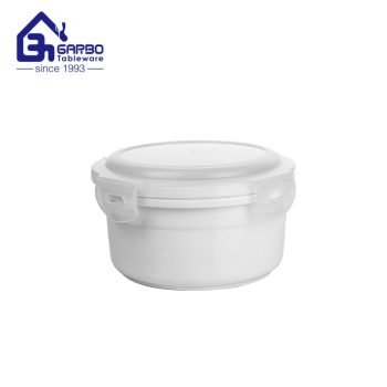 510ml ceramic lunch box round shape with plastic lid Microwave Dishwasher Safe