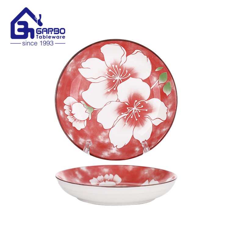 8.86 inch stoneware soup plate with flower decal print design for sale