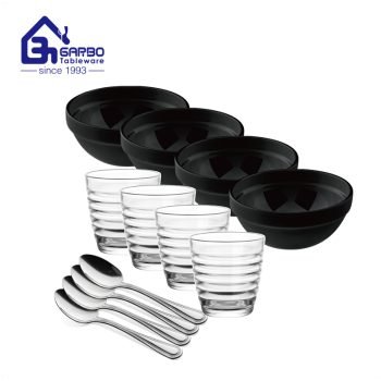 Classic blank 12pcs dinner set black bowl cup spoon for home tableware