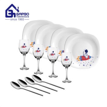 Home daily opal dinnerware set with decorative stem wine glass and spoons