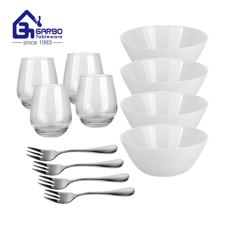 Home daily opal dinnerware set with decorative stem wine glass and spoons