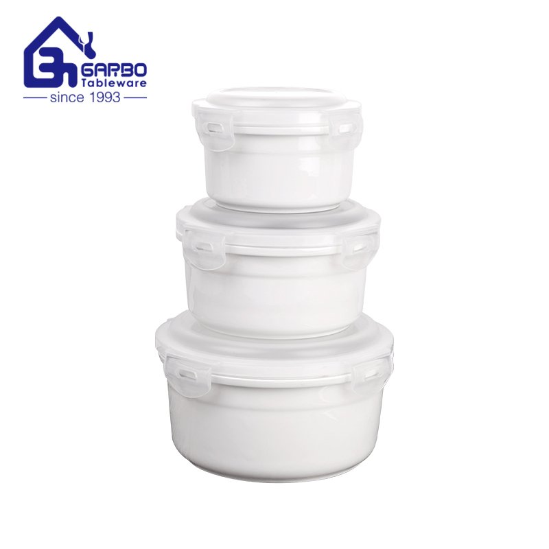 White ceramic food container with lid portable porcelain dinner bowl with cover set